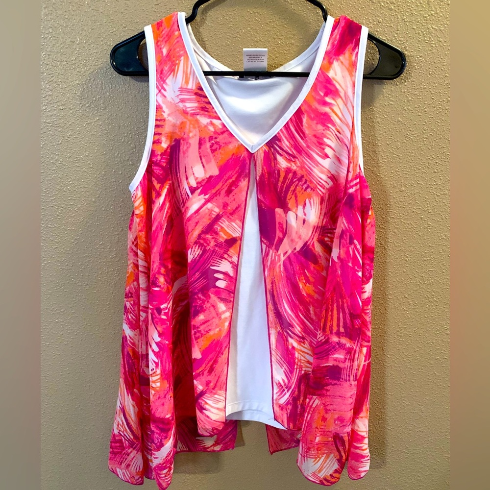 Silky decorative front slit pink and white flowery tank